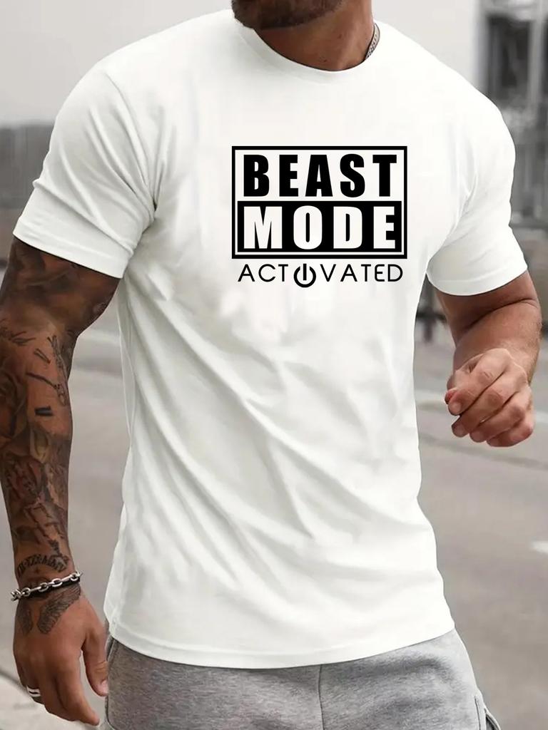Comfy BEAST MODE Print Men's Short Sleeve T-shirts - Breathable Casual Tops For Fitness Training, Jogging