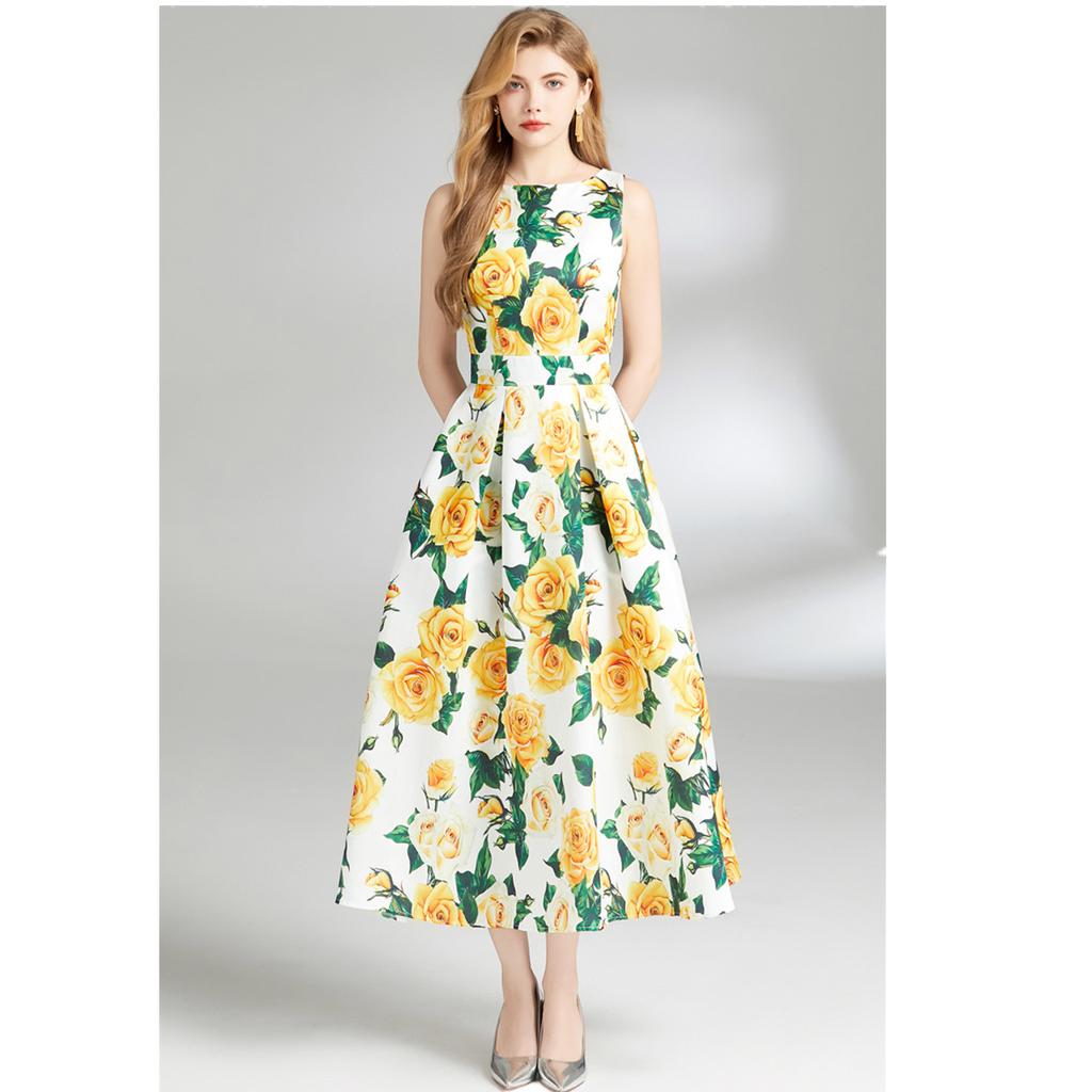 Summer Fashion Yellow Rose Jacquard Summer Dress Women Elegant Sleeveless Slim Draped Party Prom Dress One Piece Tank Female Clothing