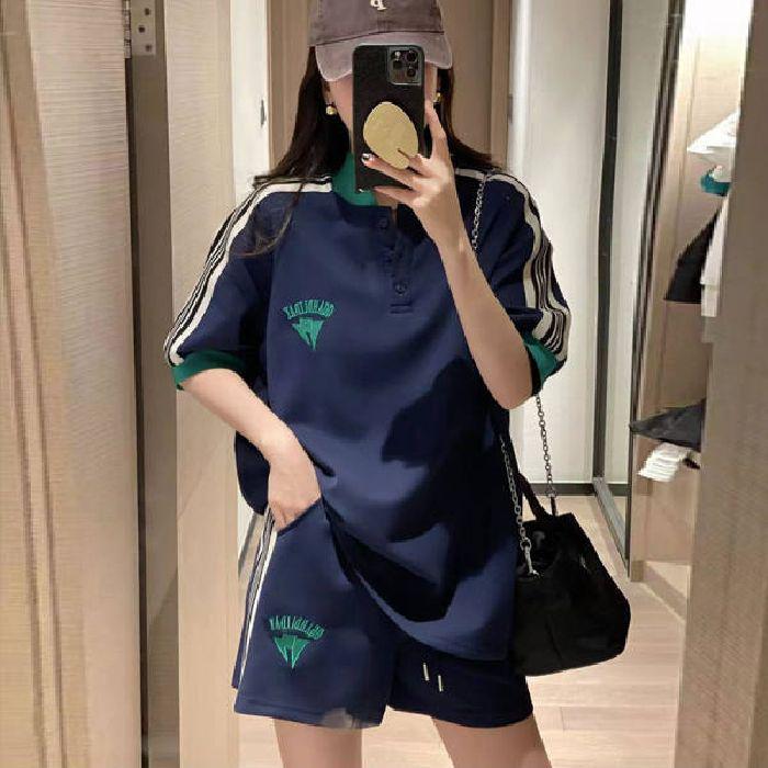Women s 2026 Summer Korean Style Striped Casual Sportswear Set - Stylish, Loose, Slimming Two-Piece 3XL темно-синий