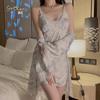 New Chinese-style Printed Satin Lace Plus Chest Pad Slim Suspender Nightdress Robe Loungewear Set