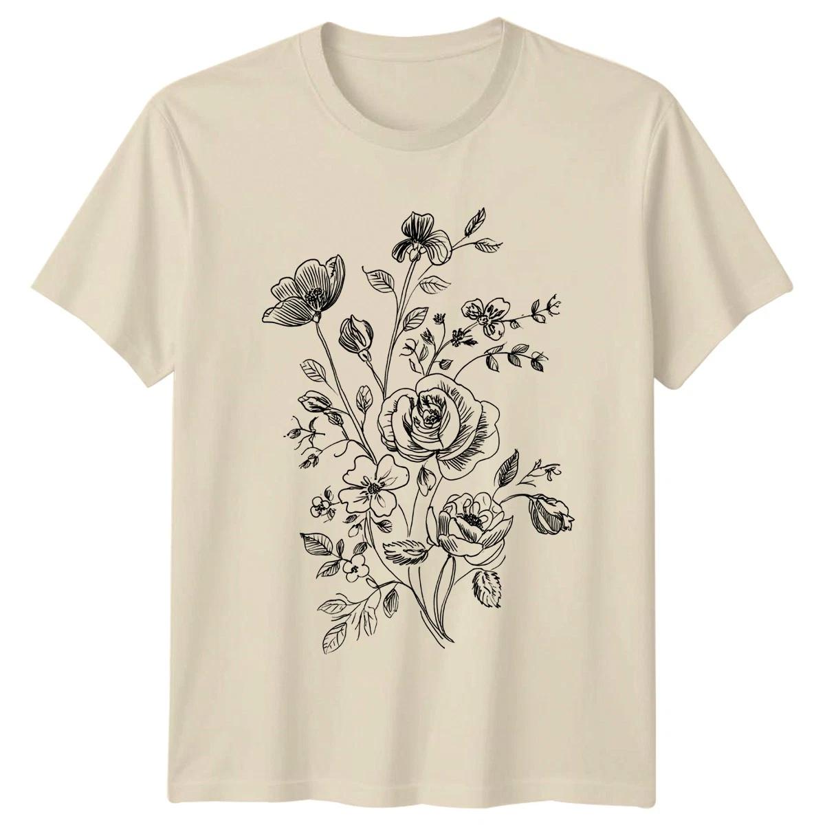 Detailed Black And White Botanical Line Womens TShirt Rose Bouquet Floral Nature XL