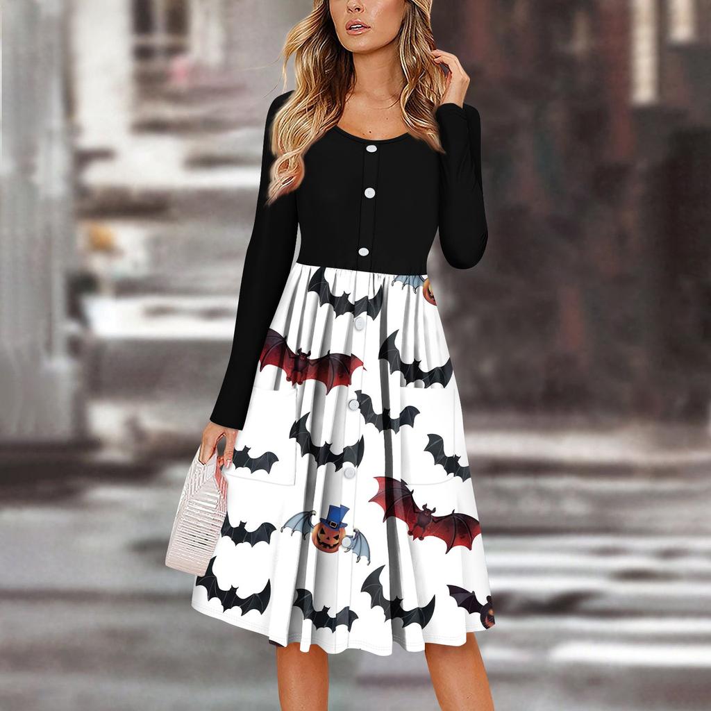 Women's Casual Fashion Sexy Comfortable Sundress Button Long Sleeves With Pockets Halloween Printed Dress