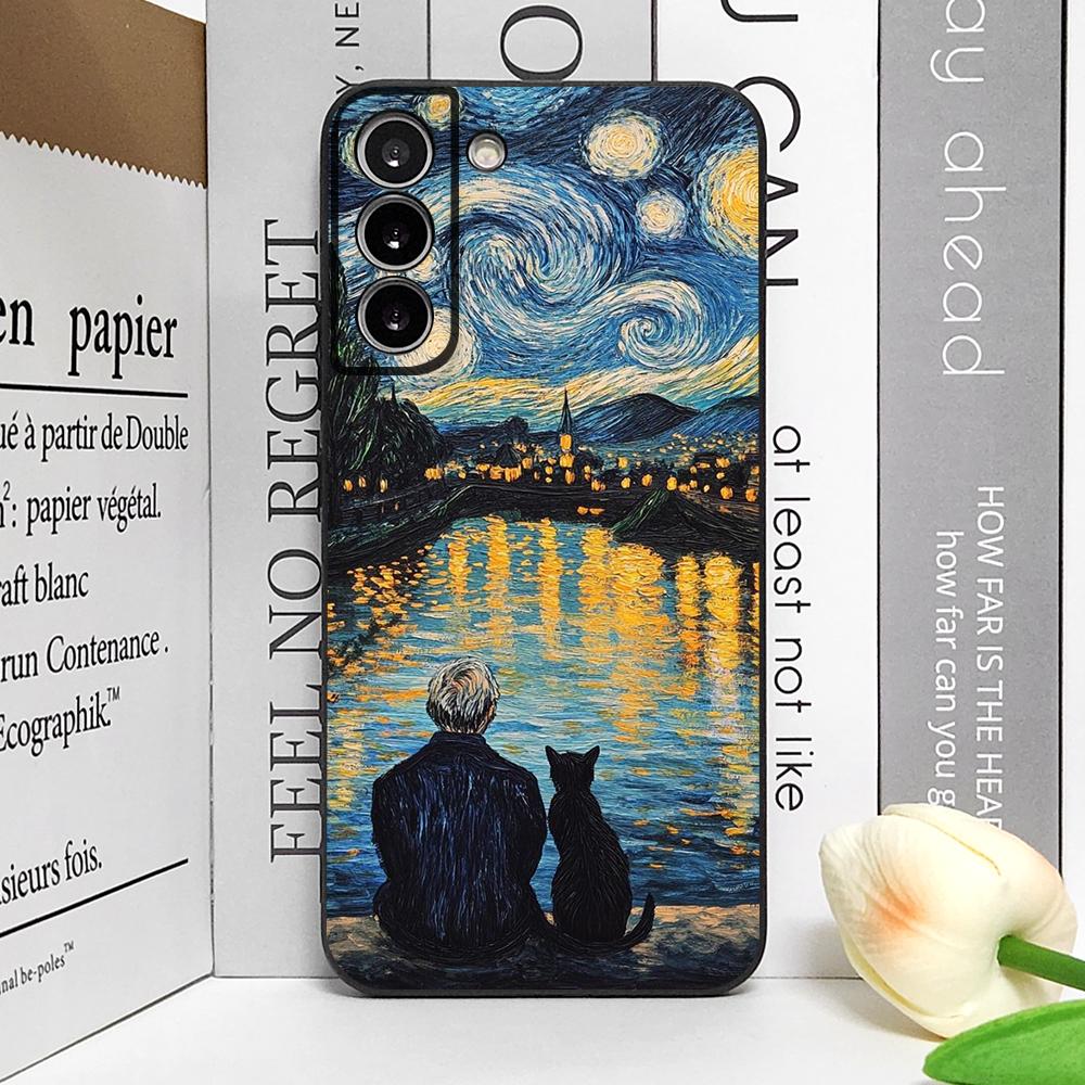 Cute Van-Gogh Starry Night Cat Phone Case for Samsung Galaxy S22 S23 S24 Ultra S25 Plus S21 FE 5G Soft Silicon Cover Fundas Capa