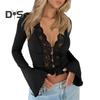 Dame Lang Klokkeerme Cropped Topp Kant V-hals Sexy Blonder Gjennomsiktig Skjorte Casual Knapped Bluse for Høst Hverdagsklær Fest