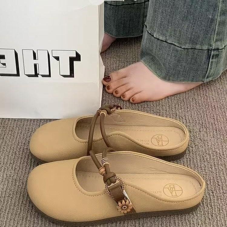 

Баотоу полутапочки женские летние для улицы 2025 новые на плоской подошве с одним ремешком с полуподдержкой одинарные туфли на мягкой подошве прохладные тапочки 35 абрикосовый