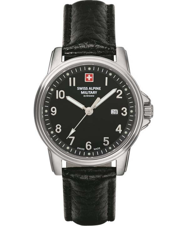 Swiss Alpine Military Leader Ladies Leather Strap Black Dial Quartz 7711.1537 100M Women's Watch