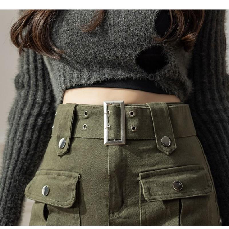 Coffee Brown Denim Mini Skirt Women A-Line High Waist Slim Fit Wrap With Built-in Shorts