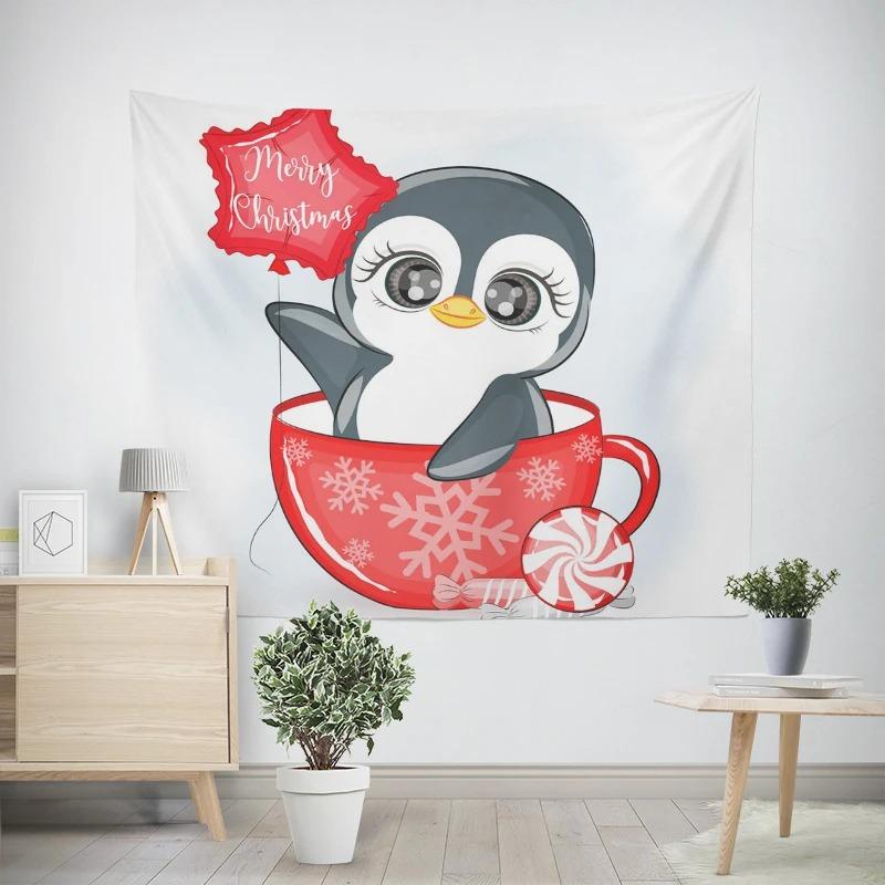 Christmas New Year Penguin Owl Pattern Living Room Bedroom Decorative Tapestry