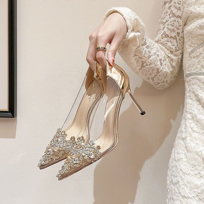 Rhinestone Pointed Toe High Heels Shoes for Women Transparent Woman Pumps Spring Young With Discount Elegant Wedding Bride Shoe
