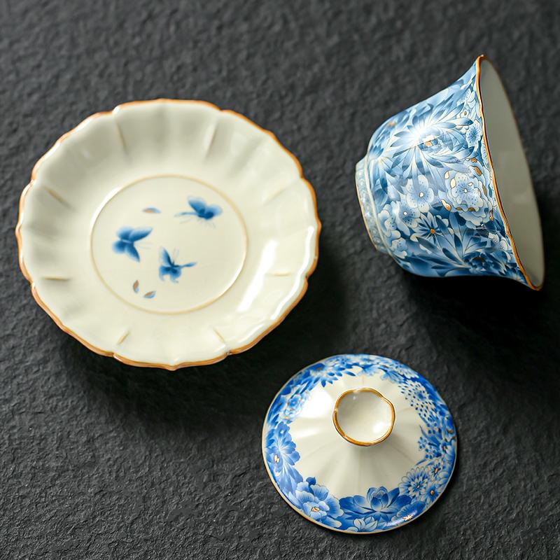 Högkvalitativ Retro Ru Ugn Te Terrin Keramisk Sancai Lockskål Tebryggare Gaiwan Kan Odla Kung Fu Te Servis