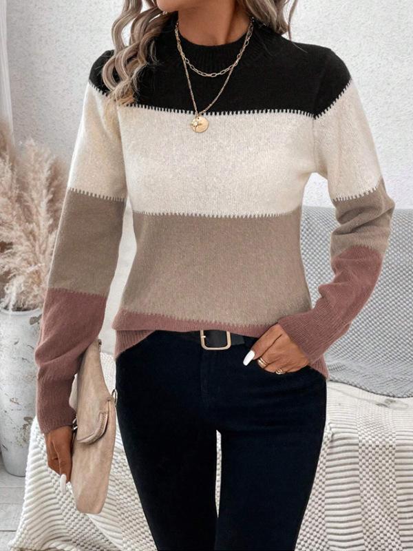 Colorblocking Pullover Damen Rundhals Langarm Strickpullover Lässiges Vielseitiges Oberteil