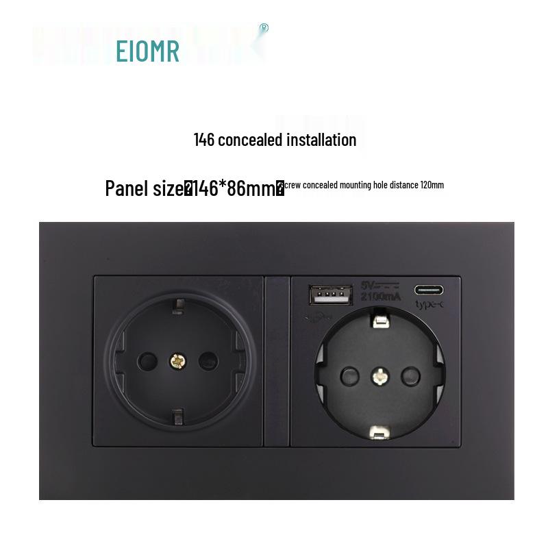 Black 16A German Standard Socket Panel with Double USB + Type C, Concealed European Installation
