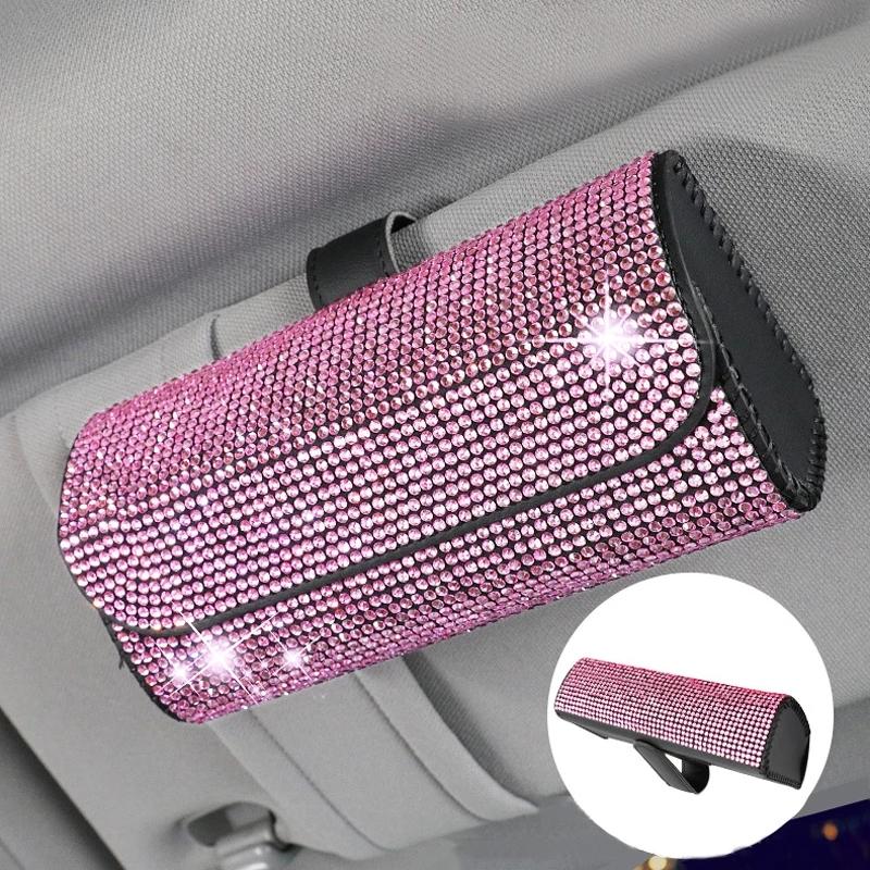 Factory Price Diamond Car Visor Sunglasses Case Holder Eye Glasses Box Organizer Rhinestone Sunshade Storage Box Car Accessories