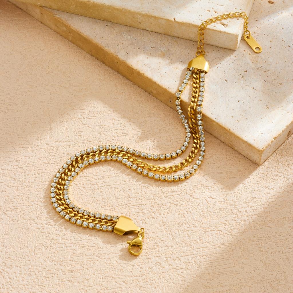DIEYURO 316L Stainless Steel Golden Three Layers Bracelet Shiny Cubic Zirconia Stackable New Waterproof Jewelry Gift For Women