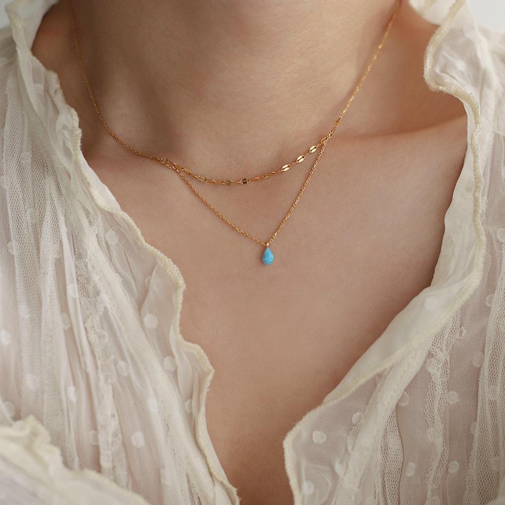 Mihmily Brand-blue Teardrop Glitter Double-layer Necklace, Simple and Fashionable Personality