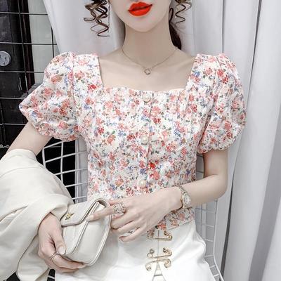 Women's Designer Floral Chiffon Puff Sleeve Crop Top with Square Neck