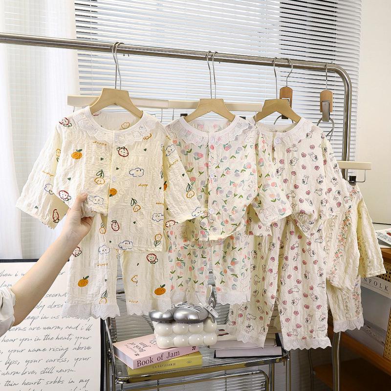 Summer Floral Lace Cotton Pajama Set for Girls: Nine-Sleeve Korean Style Air Conditioning Homewear