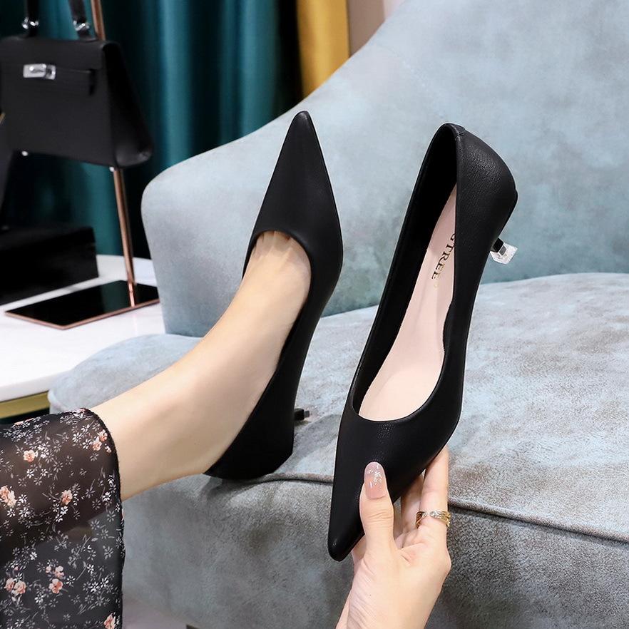 

237-5 European and American versatile simple commuter women s shoes pedicure and thin shallow mouth pointed heel medium heel professional OL single 34 чёрный