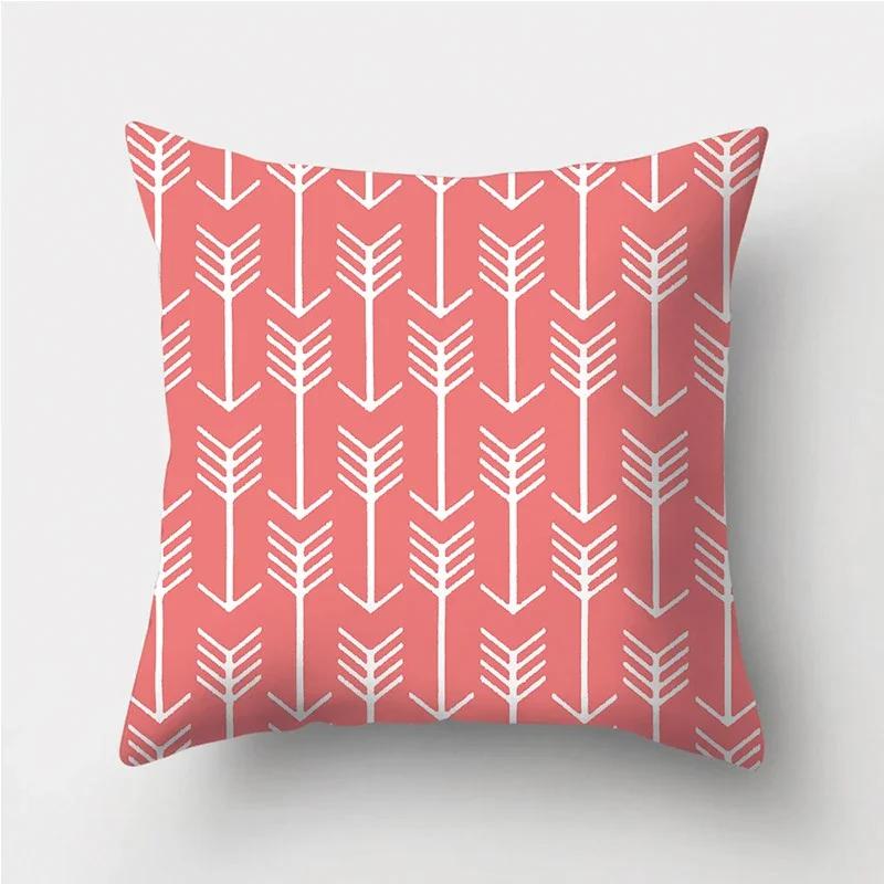 Coral Red Geometric Stripe Printed Pattern Polyester Cushion Cover for Home Living Room Sofa Decoration Throw Pillow Pillowcase