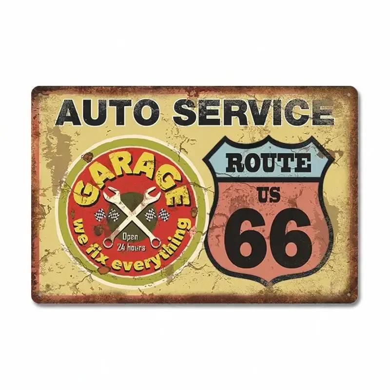 Route 66 Car Metal Dad's Garage Metal Tin Signs Poster Vintage Tinplate Retro Plaque Garage Man Cave Tire Shop Wall Art Decor