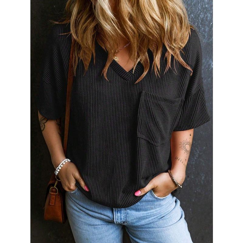 YYFS Women's Fashion Casual Solid Color Print Summer Spring Short Sleeve V-Neck Blouses & Shirts