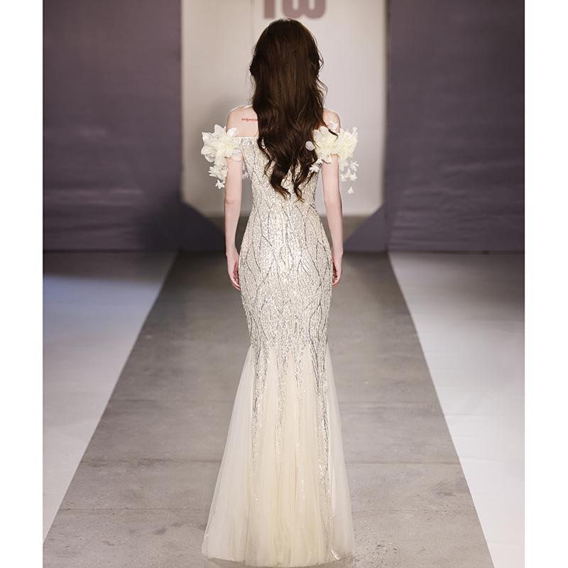 New Fishtail Evening Dress Dress High-end One-word Shoulder Light Luxury Niche Senior Host Sequined Annual Meeting Dinner Dress