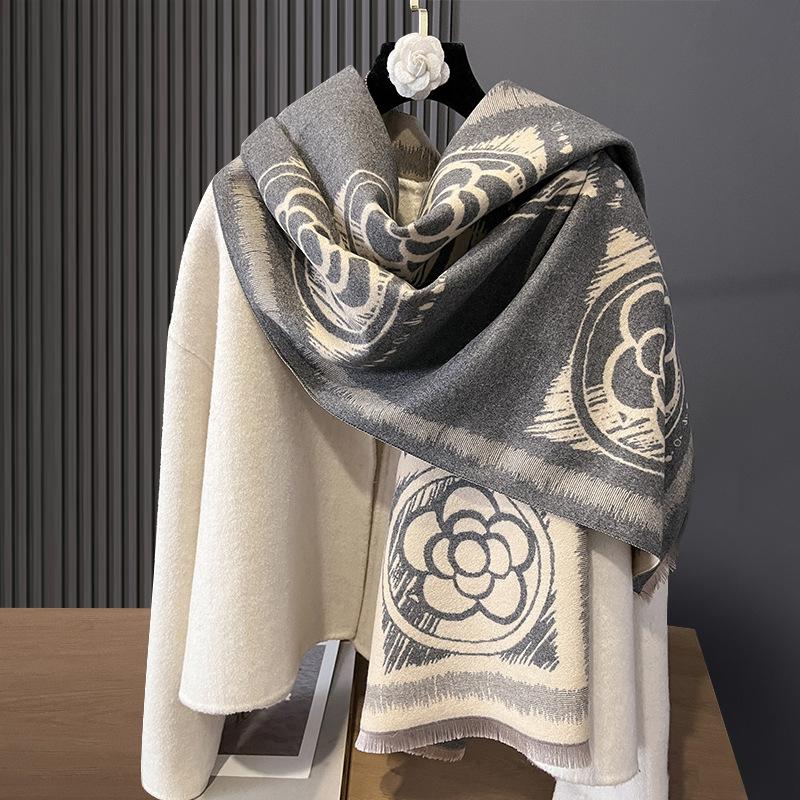 Scarf Women's Cashmere Camellia Simple Double-sided Versatile Dual-purpose Shawl Air Conditioner Warm Wool Scarf