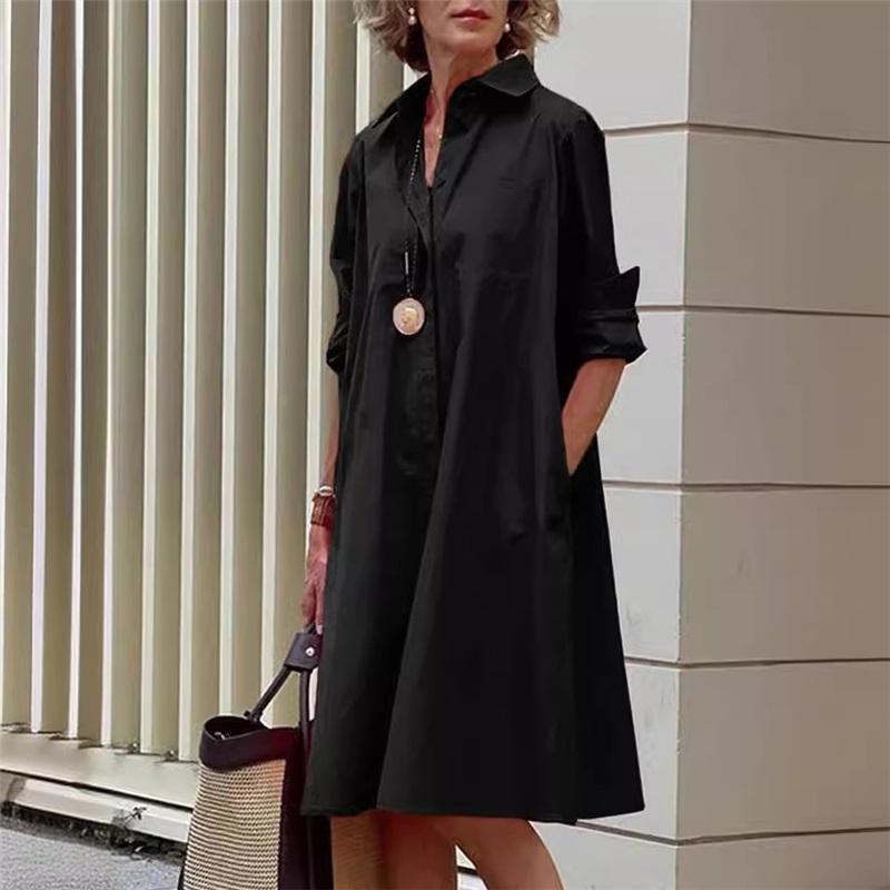 Women's Solid Color Long Sleeve Lapel Simple Loose Knee-length Shirt Dress