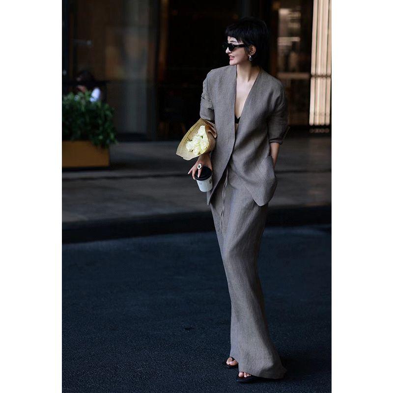 

Одежда Осень 2024 Новое поступление Мода V-образный вырез Лен Западная сборка Юбка Повседневный костюм Комплект из двух предметов Элегантный Grey XL