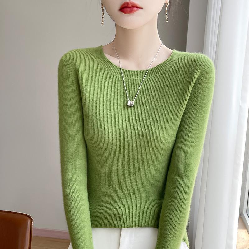 Solid Color Crew Neck Long Sleeve Slim Fit Casual Knit Sweater For Women
