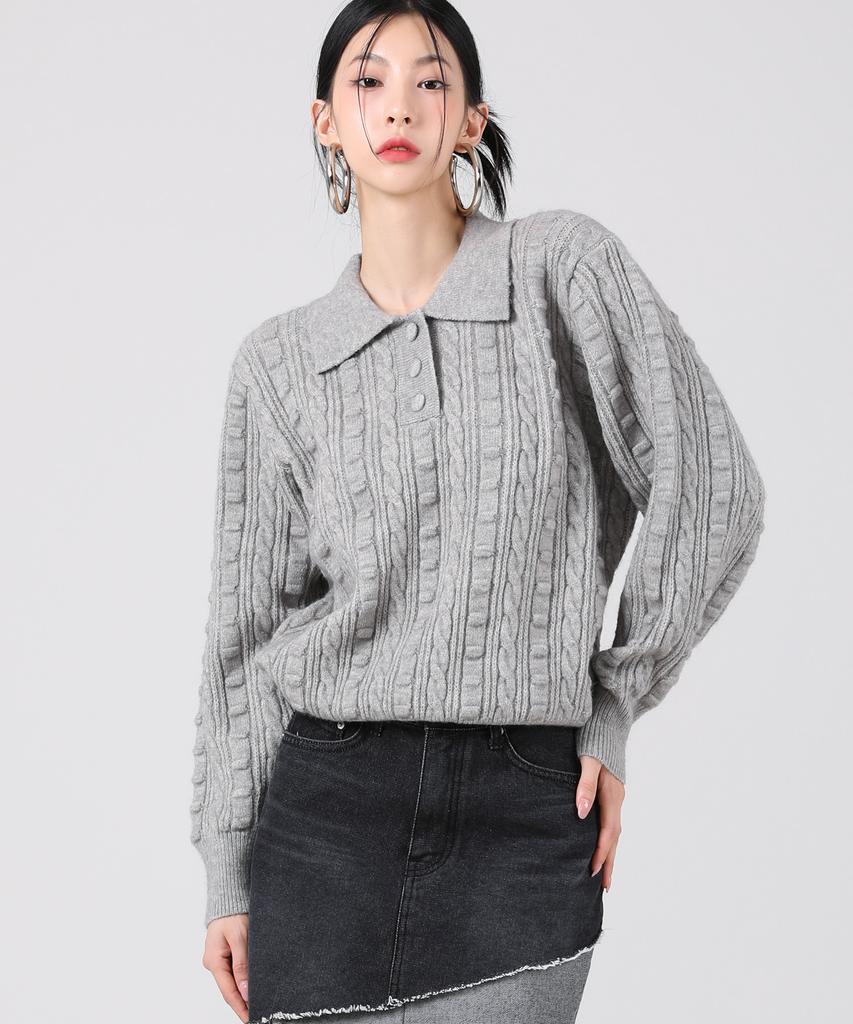 AVANDRESS Lumpy Collar Button Knit Blue