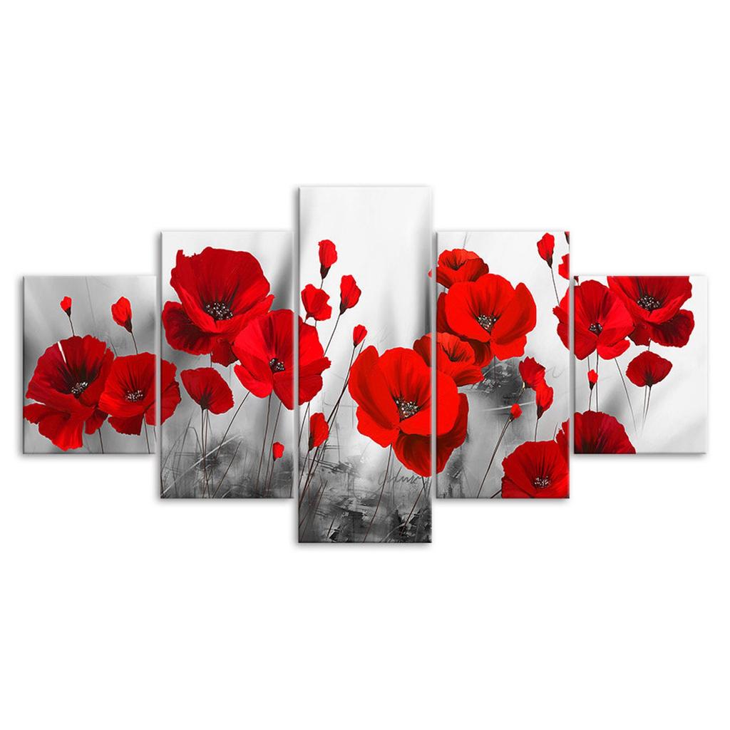 Red Poppy Flower Plant Abstract Scene 5 Piece Five Panel Wall Canvas Print Modern Art Poster Picture Home Decor Gift For Him For Her