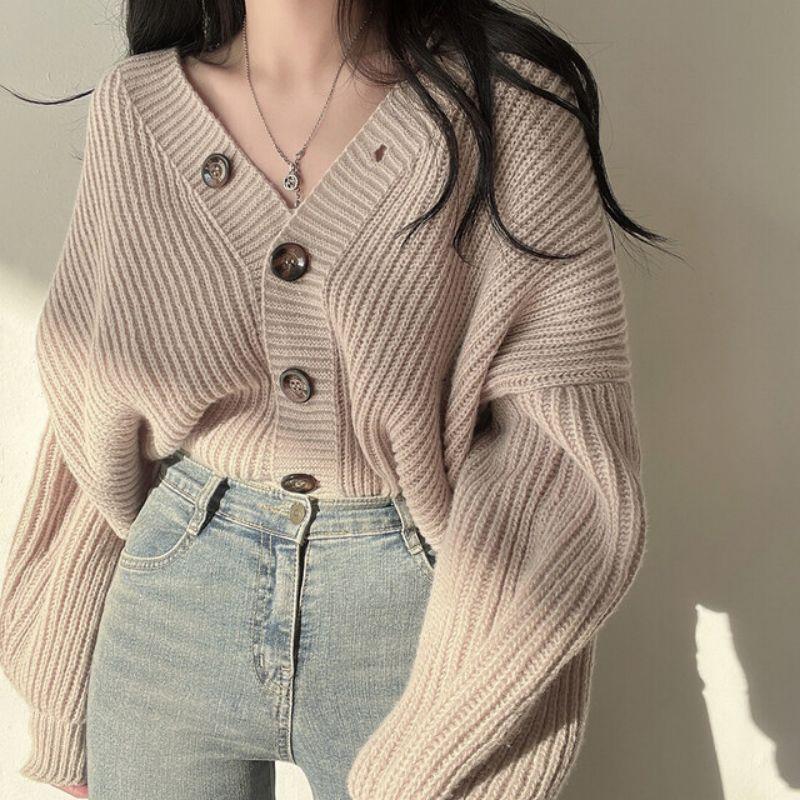 

Модный кардиган с длинными рукавами и фонариками, женский свитер на осень-зиму, толстый трикотаж с v-образным вырезом, корейское вязаное повседневное пальто, свободные топы 28405