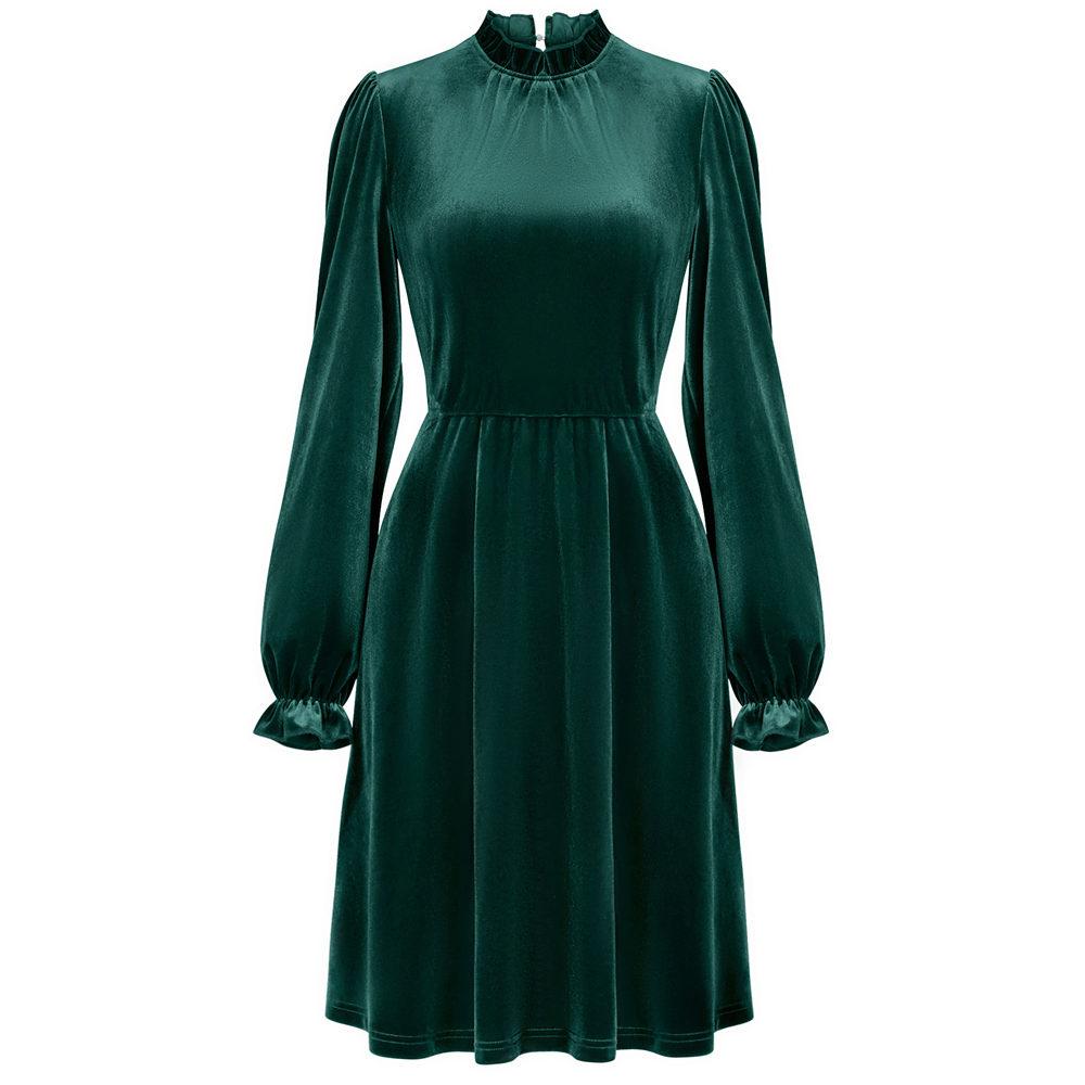 Samtkleid für Damen Winter Casual Hoher Hals Samt Einfarbig Schlanke Taille Kleid Herbst Winter Promi Partykleider