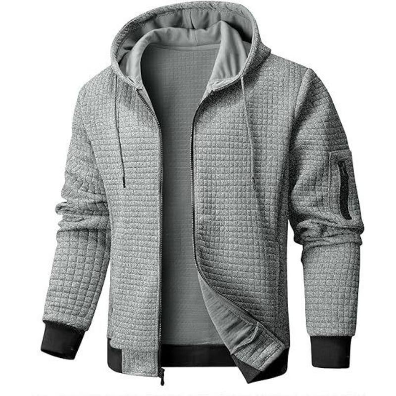 Men S Solid Color Waffle Knit Full Zip Hooded Sweatshirt Casual Jacket