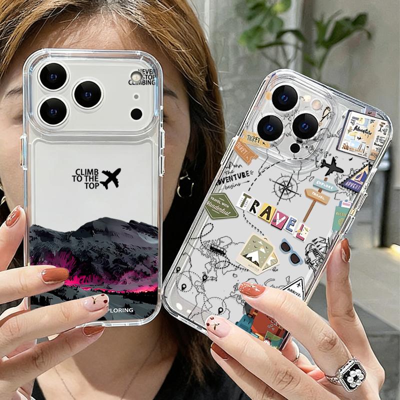 Silicone Clear Phone Case For iPhone 17 16 Pro 15 14 13 12 Pro Max 11 Transparent Shockproof Soft TPU Map Airplane Pattern Cover