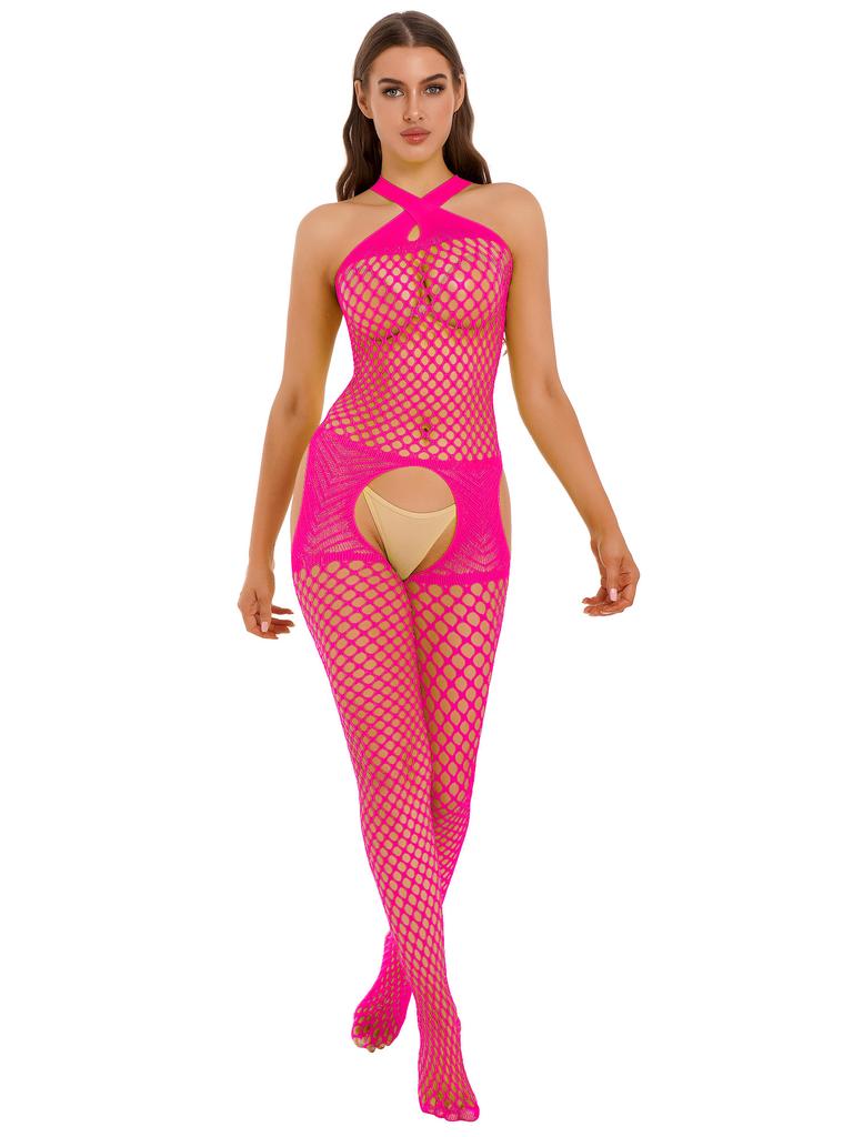 Bodystocking a rete da donna con design traforato, scollo all'americana incrociato e top da discoteca