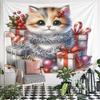 Festive Kitten with Presents and Ornaments Pattern Wall Hanging Tapestry Decorative Tapestry Home Decor for Bedroom and Living Room