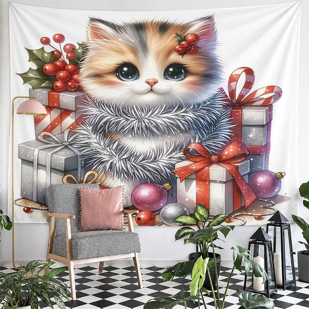 Festive Kitten with Presents and Ornaments Pattern Wall Hanging Tapestry Decorative Tapestry Home Decor for Bedroom and Living Room