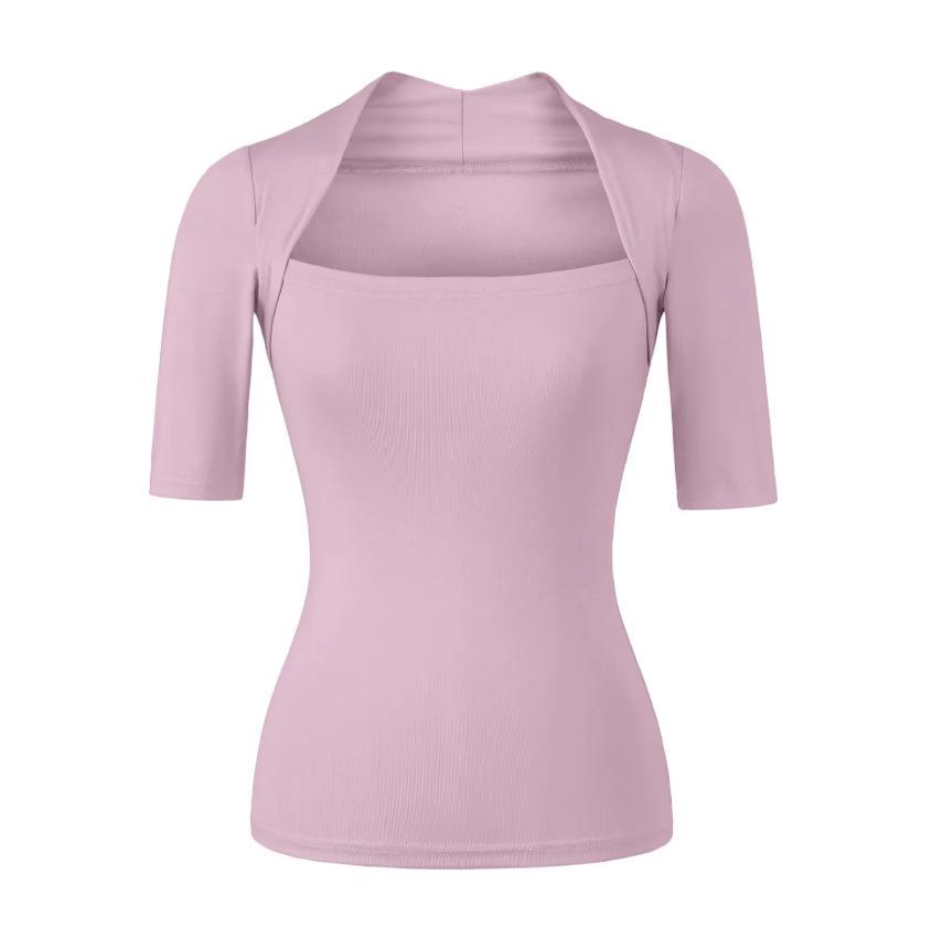 Light Gray Square Neck Slim Fit T-Shirt for Women - Short Sleeve, Waist Cinched, Ideal for Spring/Autumn