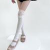 Ribbed Knit Striped Over Knee Long Socks for Women Japanese Student Sweet Bowknot Lace Splicing Thigh High Stockings