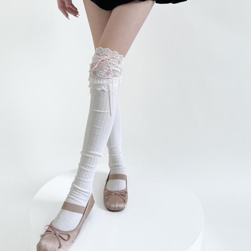 Ribbed Knit Striped Over Knee Long Socks for Women Japanese Student Sweet Bowknot Lace Splicing Thigh High Stockings