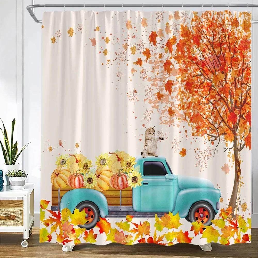 Autumn Farm Pumpkin Truck Shower Curtains Maple Leaves Tree Sunflower Squirrel Cat Harvest Bath Curtain Cloth Bathroom Decor Set
