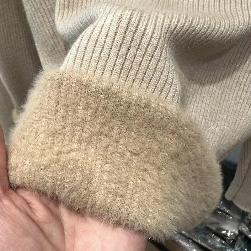 Gauze Half High Collar Velvet Knitted Sweater Women Winter Fashion Warm Pullovers Women Thicken Solid Soft Slim Sweaters 29786
