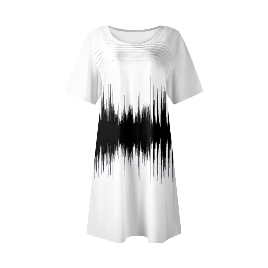 Damen Sommer Casual Rundhals Plissee Mit Taschen Bedruckte Kurzarmkleider