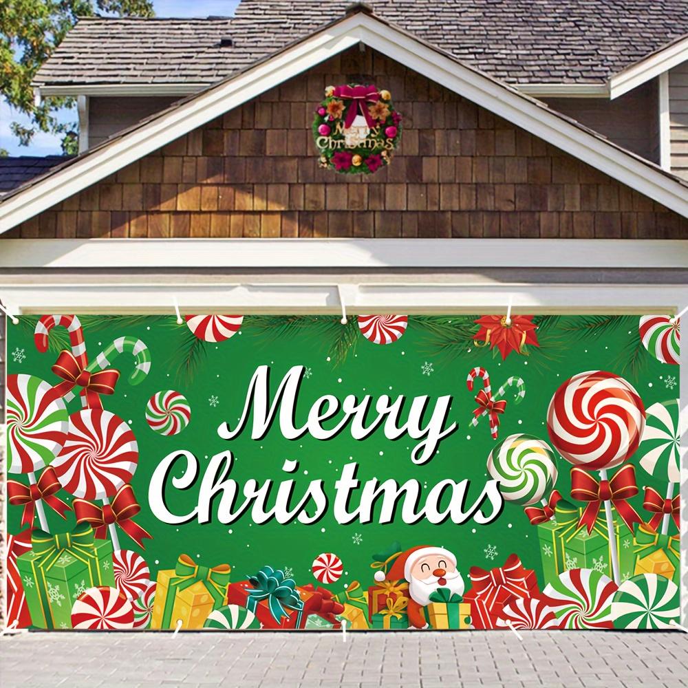 Christmas Garage Door Banner Decoration - Merry Christmas Themed Polyester Banner with Lollipop and Gift Box Patterns