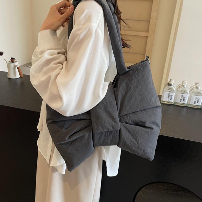 Nylon Puffer Shoulder Bag Women Bowknot Tote Bag Adjustable Strap Female Handbags Purse Causal Crossbody Messenger Bag