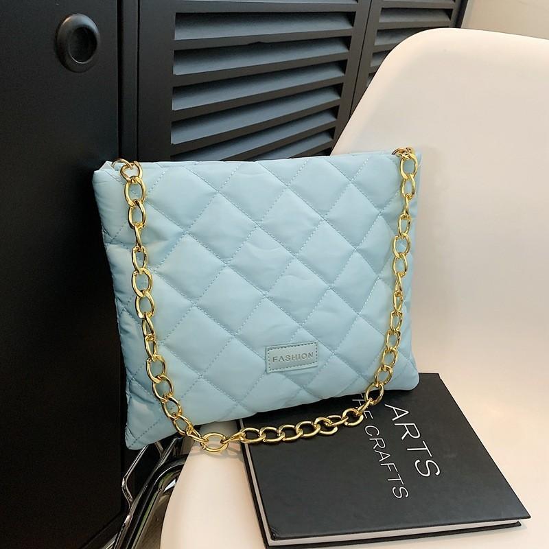 Stylish Nylon Quilted Chain Bucket Bag For Women Trendy Street Fashion Handbag