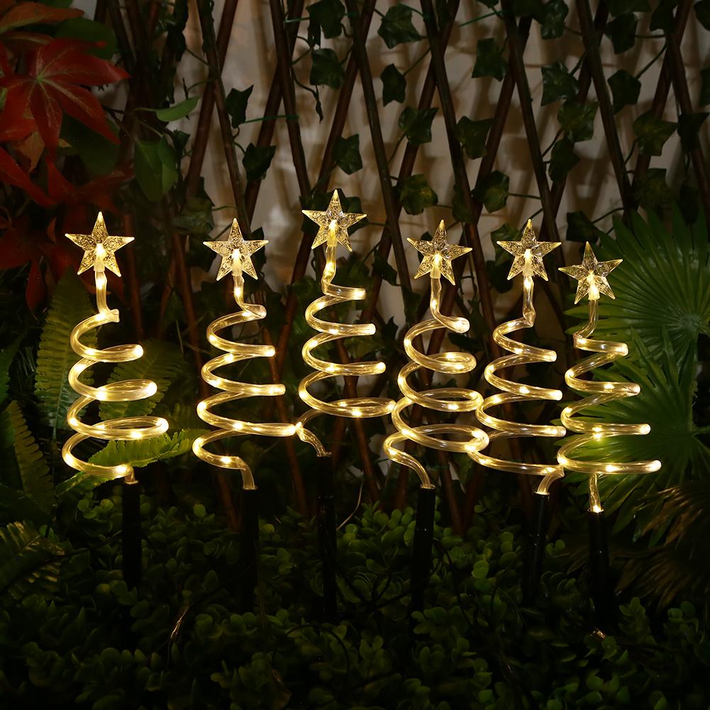 Set of 6 Solar Spiral Christmas Tree Lights Waterproof Outdoor LED Garden Light Tree Stake Lights for Path Yard Garden Landscape