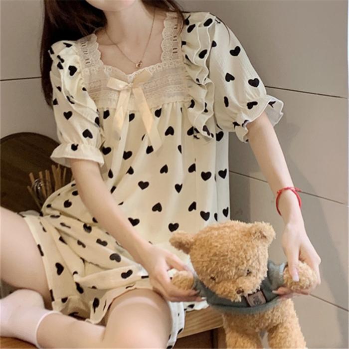 Set Pijama Piersică Contrast Dulce Garnitură Mânecă Puf Top cu Gât Pătrat Pantaloni Scurți Elastici Haine de Noapte pentru Femei